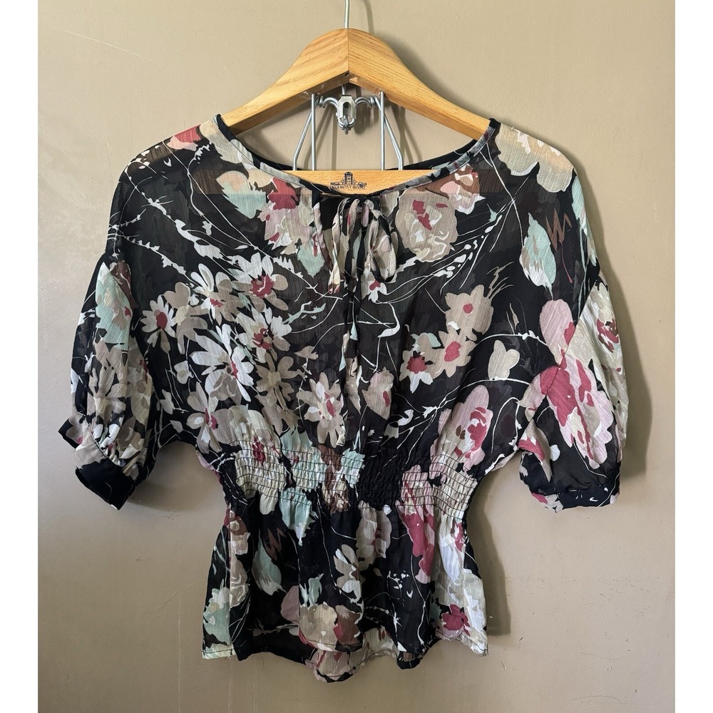 American Rag Cie Women's Sheer See-Through Blouse Shirt Top‎ Black Floral Small